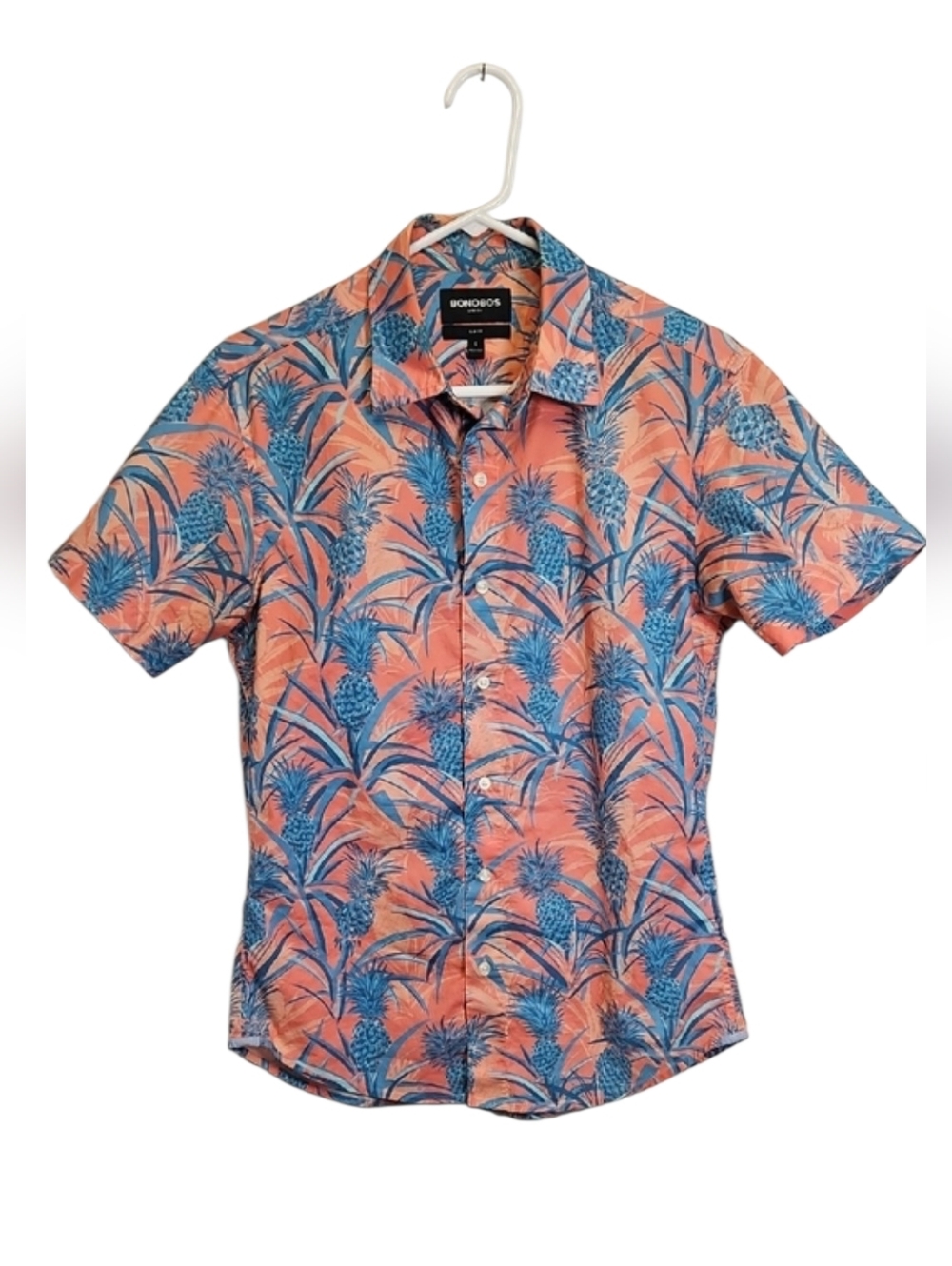 Bonobos Men’s Short-Sleeve Coral/Blue Pineapple Print, Size Small, Slim Fit - Picture 2 of 12